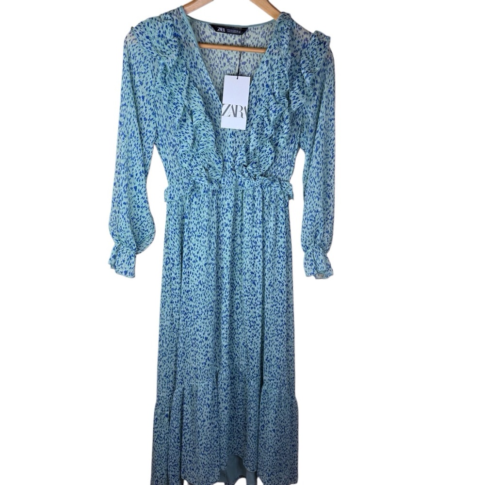 NWT ZARA RUFFLED PRINTED MIDI BLUE GREEN DRESS‎ BLOGGERS SIZE SMALL Cottagecore